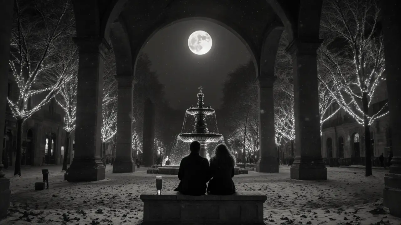 A couple rests on a bench in Place des Vosges at midnight, moonlight glinting off the fountain in the quiet square.