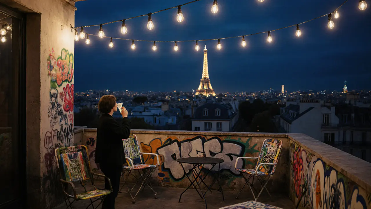 A quiet rooftop terrace in Paris with string lights, a view of the Montparnasse Tower at midnight.