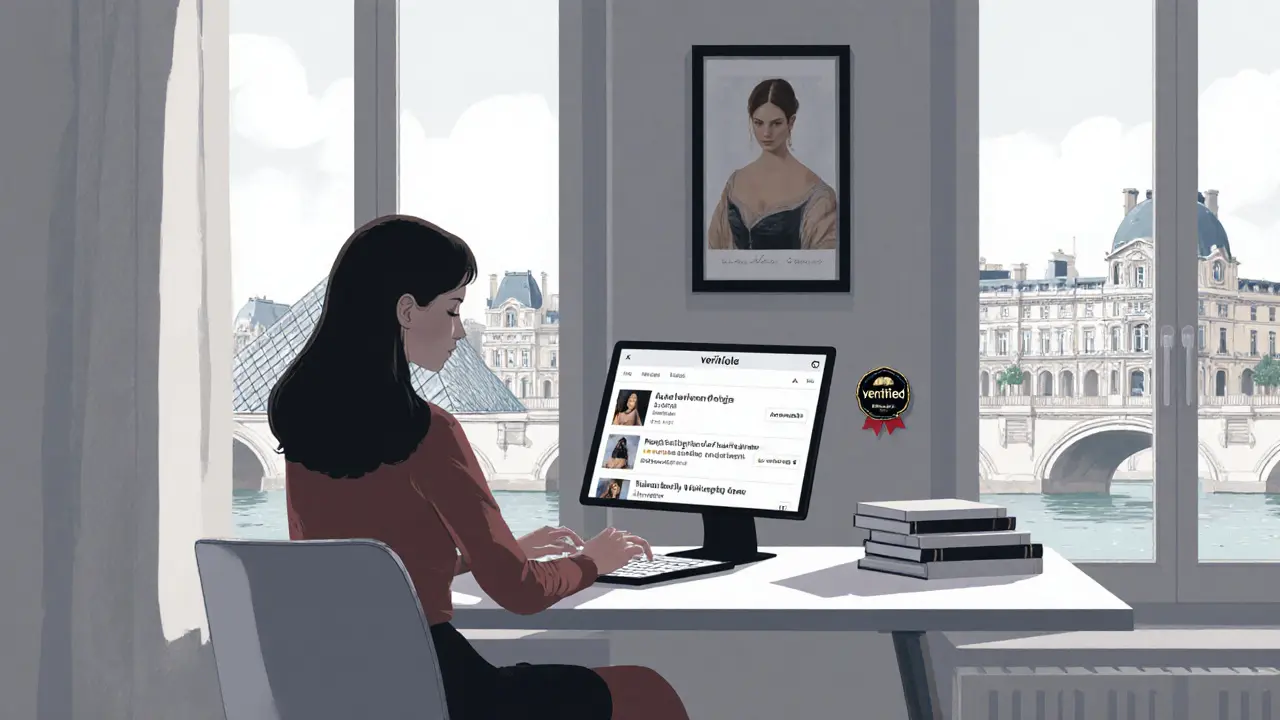 A woman reviewing a verified companion profile on a tablet with art books in the background.