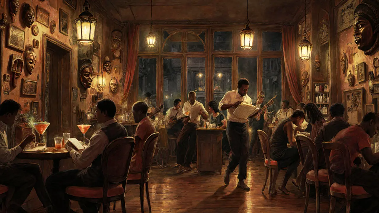 An eclectic bar filled with vintage furniture and people dancing barefoot to Afrobeat music.