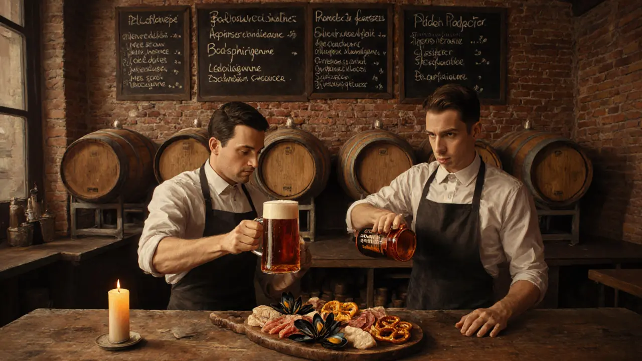 Belgian brothers pouring amber ale at Brasserie des Frères with chalkboard menu and charcuterie board.
