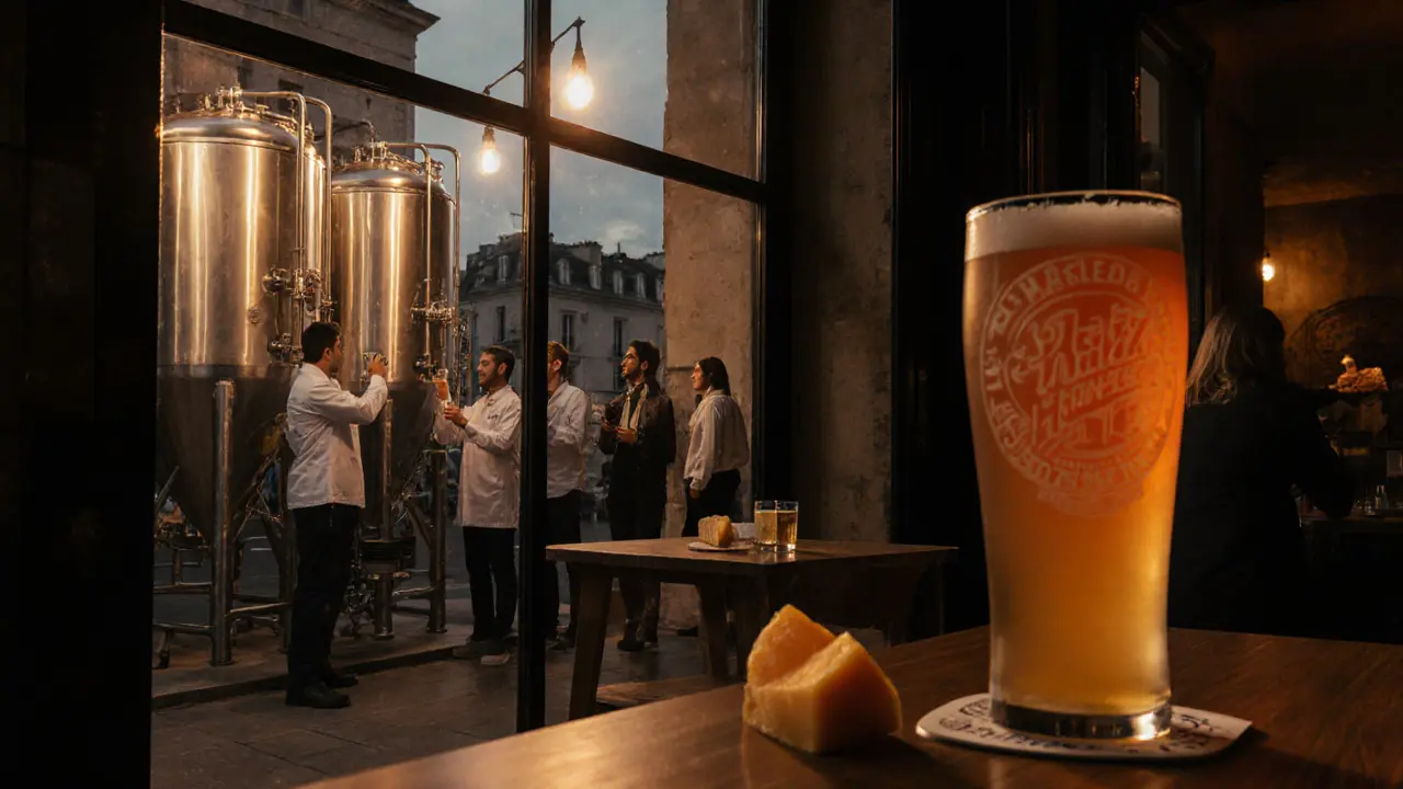 Brewers working behind glass at La Maison du Malt as customers line up for hazy IPA flights.