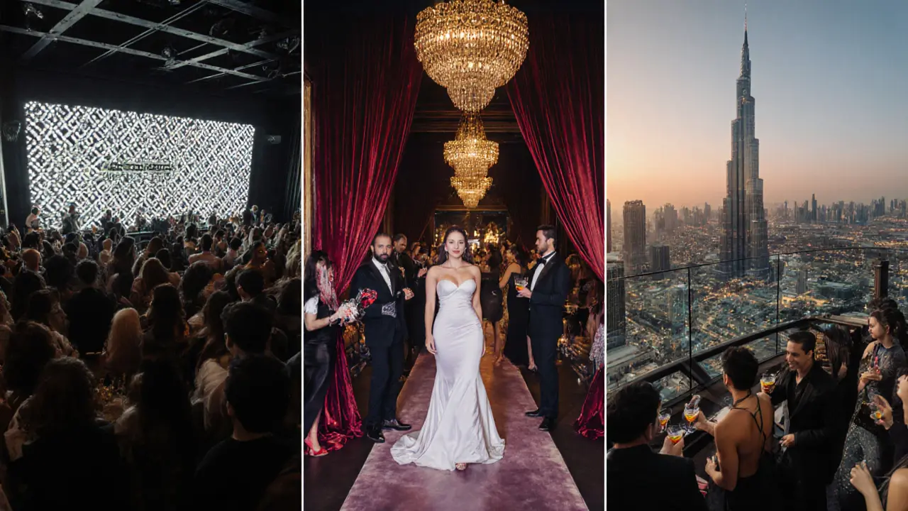 Collage of White Dubai club interior, Cavalli Club luxury lounge, and Atmosphere Rooftop bar.