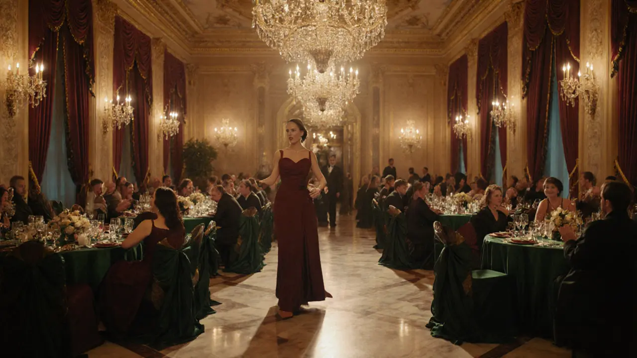 Companion moving through a lavish gala, engaging guests and enhancing the atmosphere.