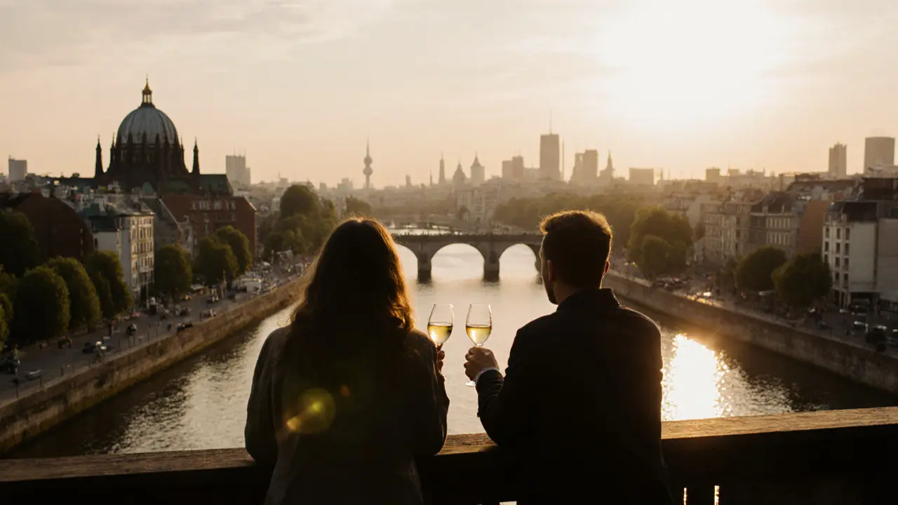 Couple on a rooftop garden at sunset, overlooking Berlin&#039;s skyline with the Spree River in the distance.