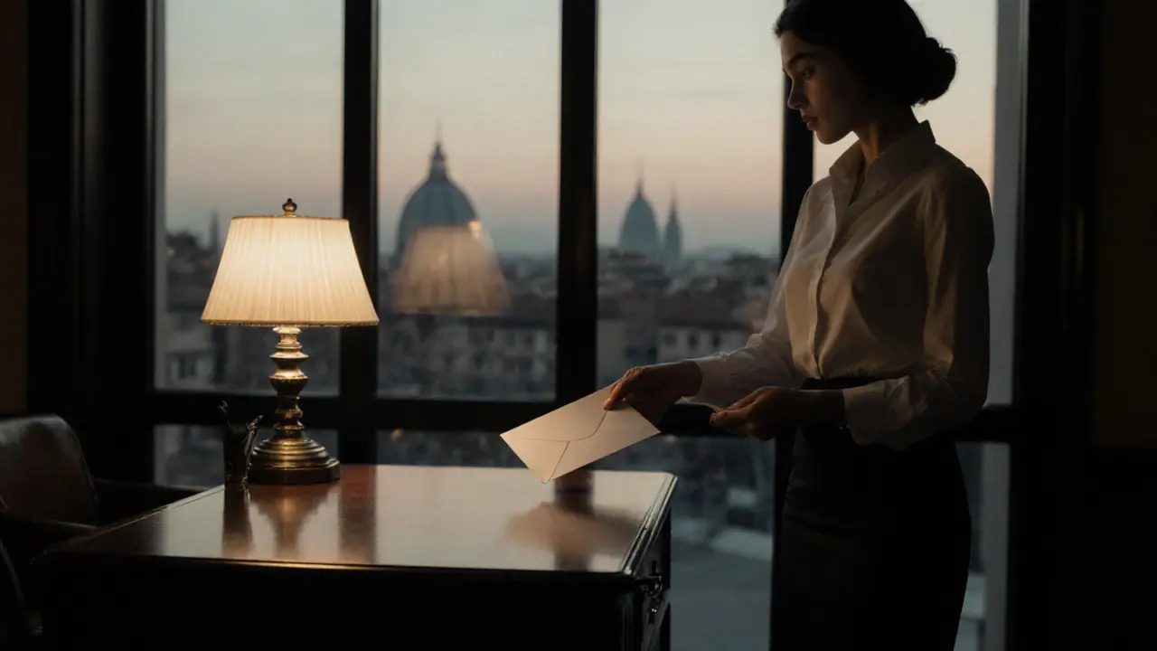 Dark office with a concierge handing a sealed envelope to a client, emphasizing confidentiality.