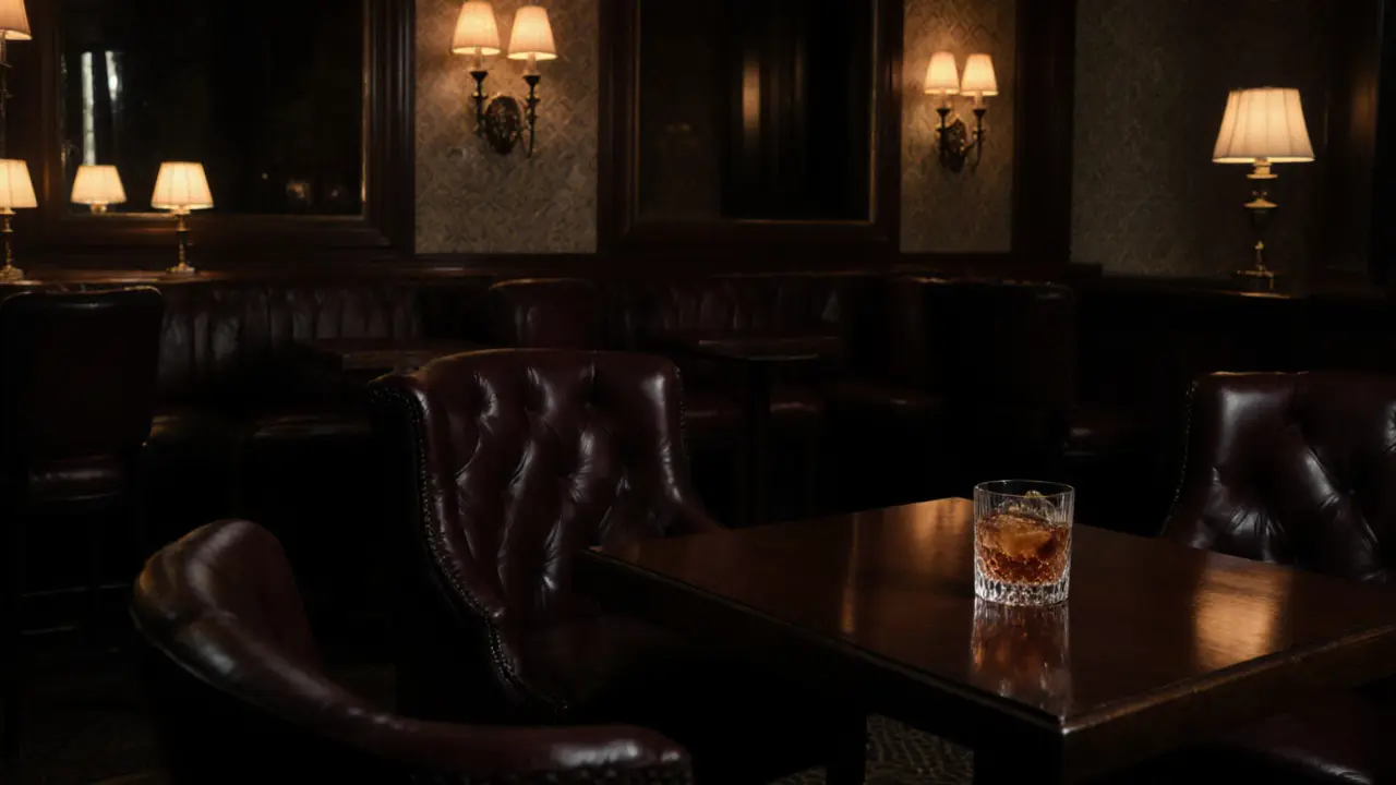 Dimly lit bar with leather chairs, cocktail glass, and soft piano glow.