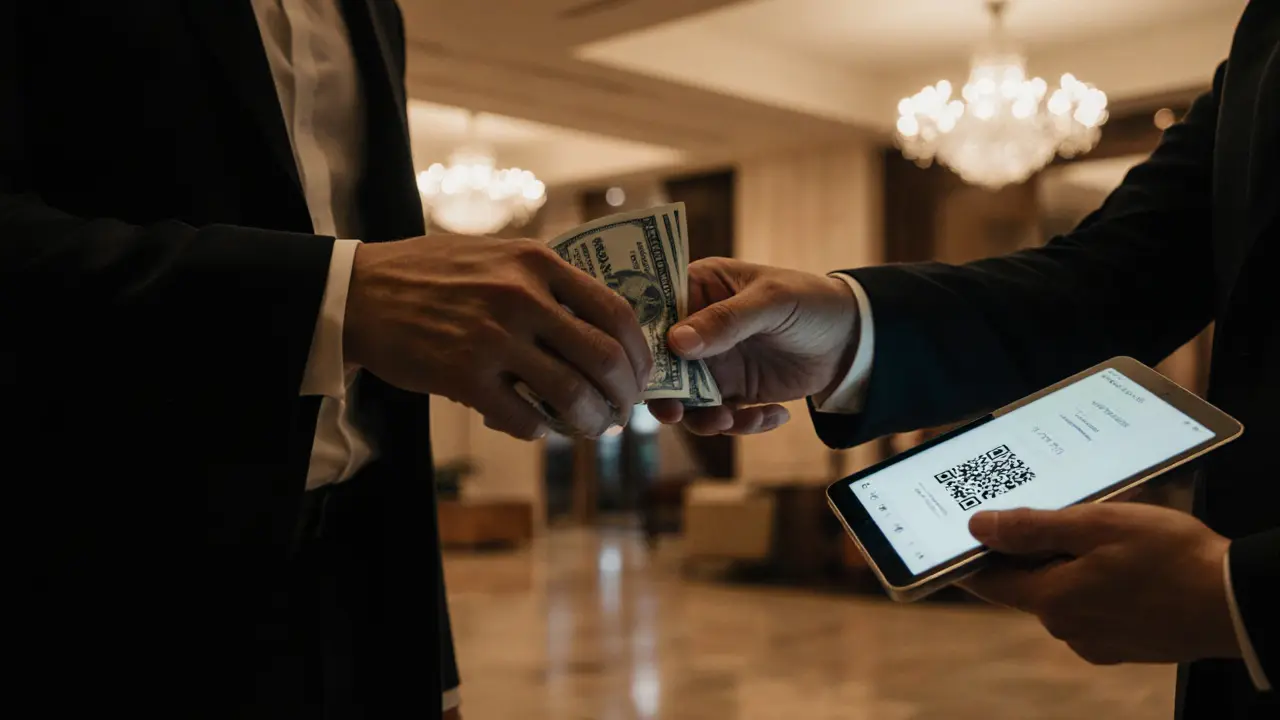 Discreet cash handover between client and companion in a dimly lit hotel lobby.