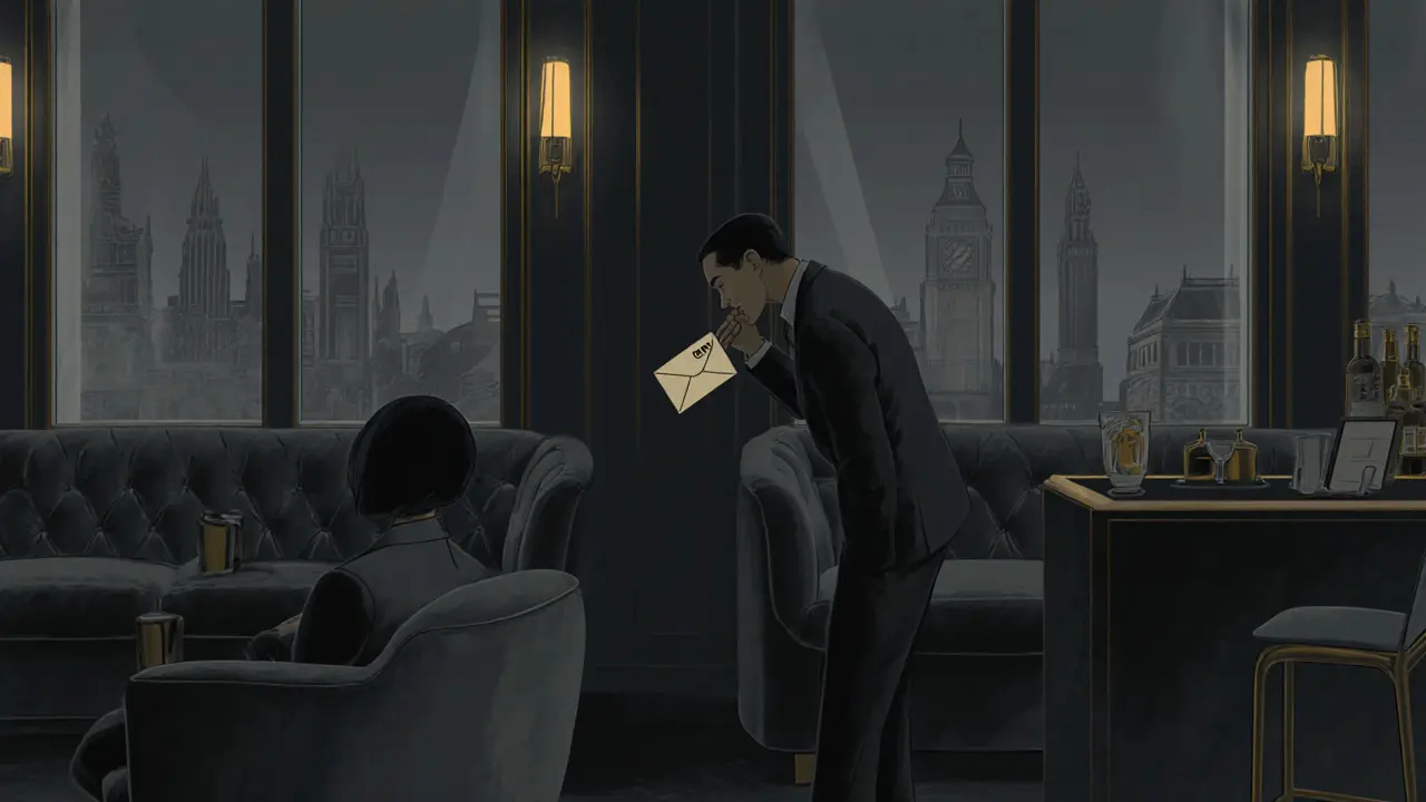 Discreet companion speaking privately in a dim lounge, symbolizing privacy and confidentiality.