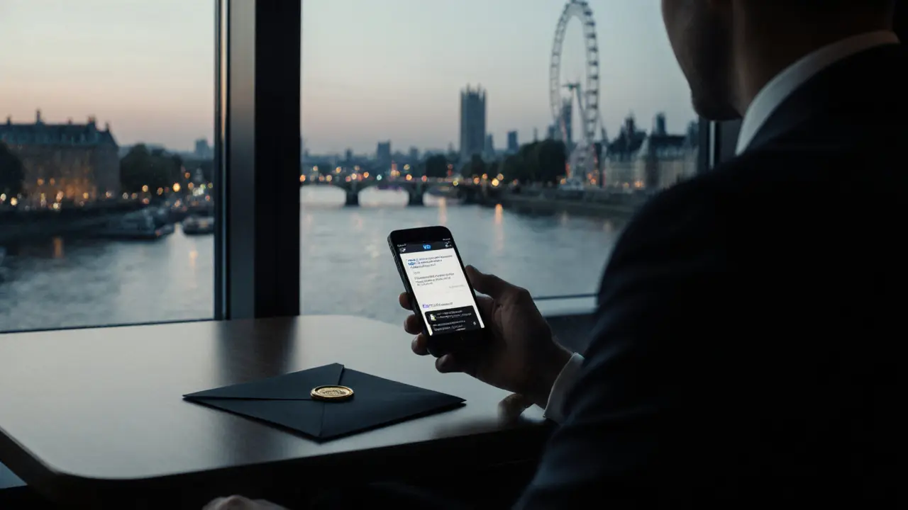Discreet hotel lounge scene with envelope, encrypted phone message, and London backdrop.