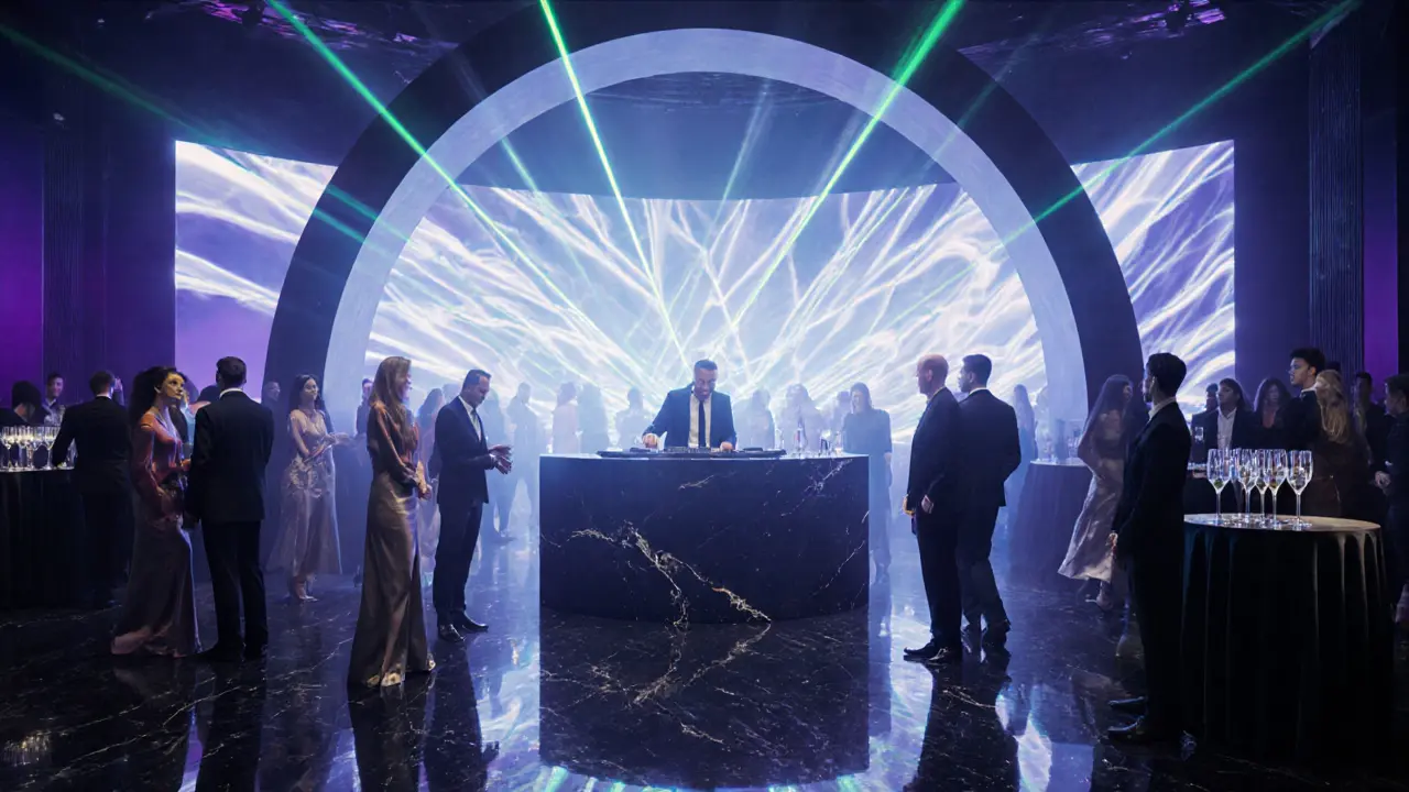 Dressed patrons dancing under laser lights at L'Arc Paris club with a DJ booth.