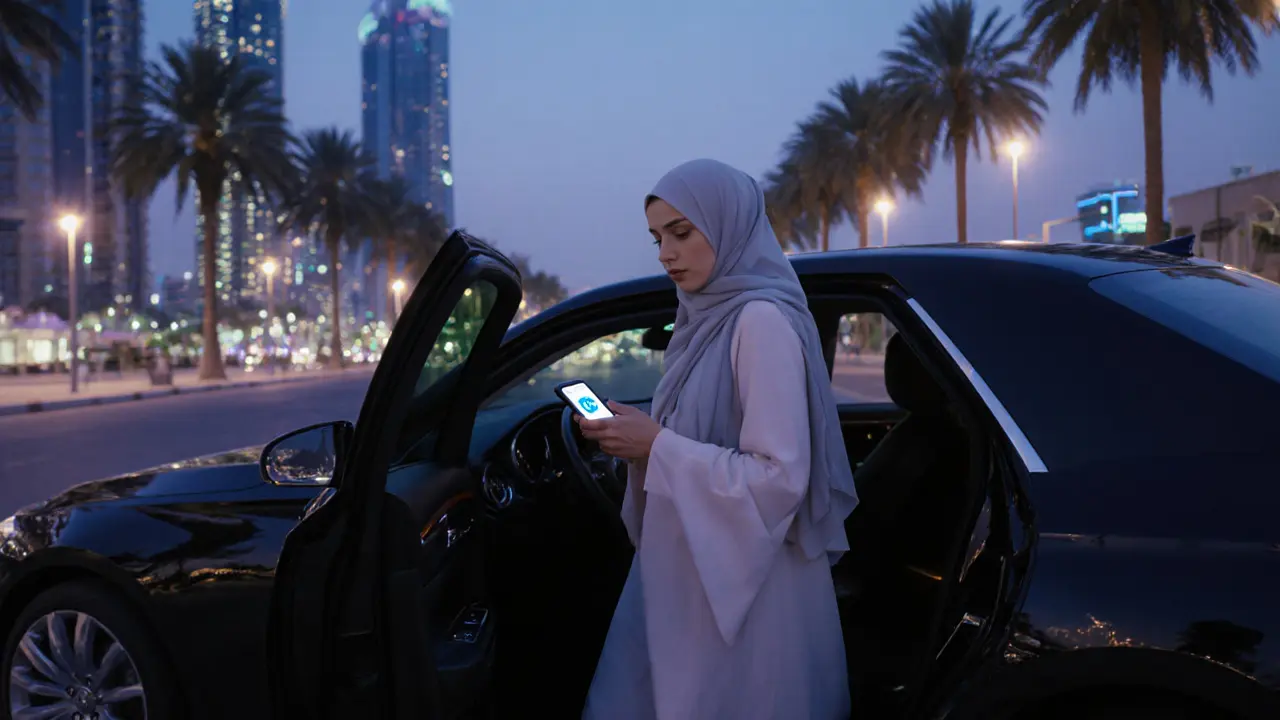 Elegant woman in a stylish abaya exits a luxury car at night, using a discreet encrypted phone.