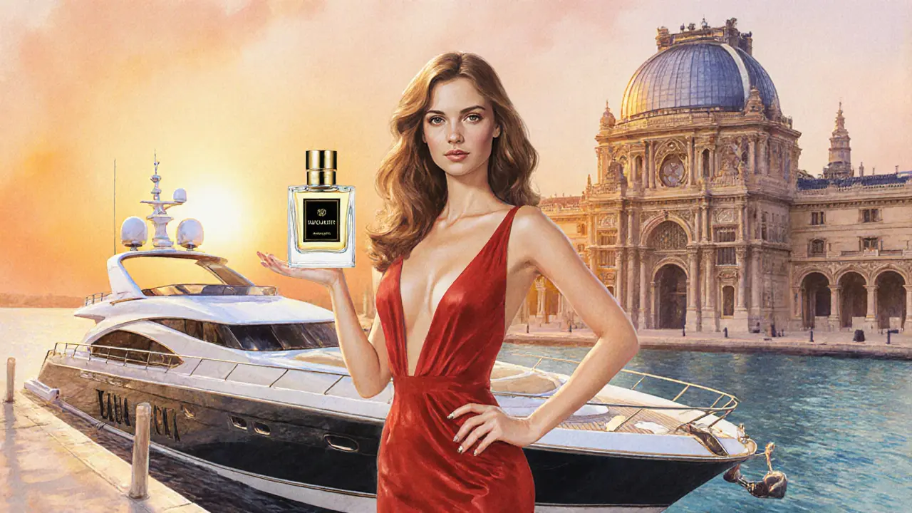 Escort beside a private yacht with custom perfume, Louvre Abu Dhabi dome visible in sunset lighting.