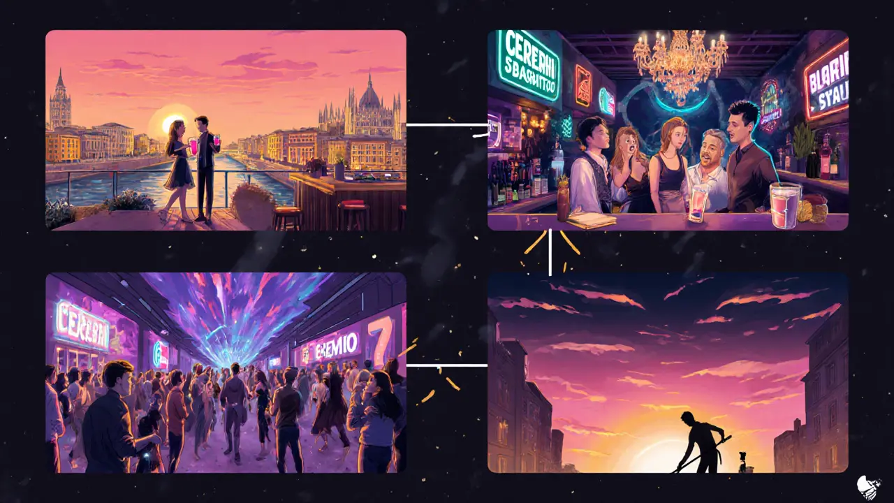 Four‑panel cinematic scene of a Milan night: rooftop aperitivo, canal bar, rooftop club, underground venue at sunrise.