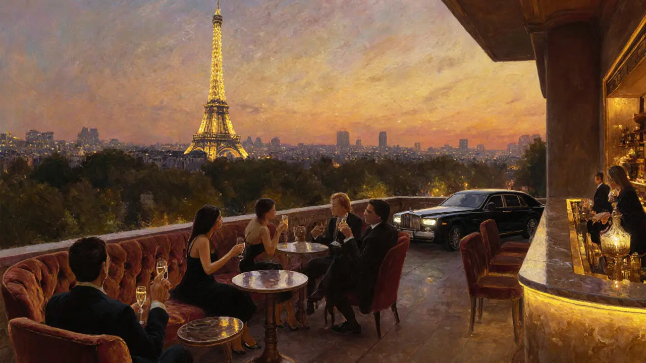 Guests enjoying champagne on a Ritz rooftop bar with Eiffel Tower view and a car waiting.