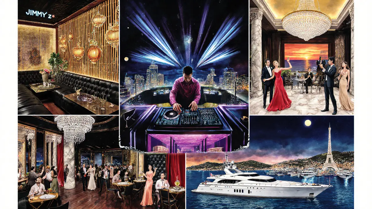 Illustrated collage of Monaco&#039;s five luxury night venues with vibrant lighting and opulent details.