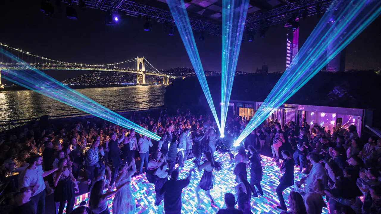 Inside Reina nightclub with a crowded dance floor, laser lights, and Bosphorus terrace.