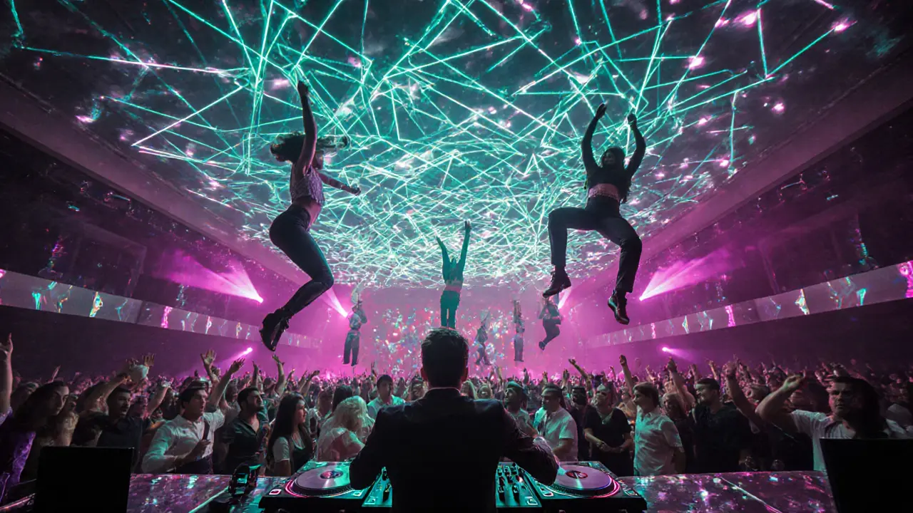 Interior of White Dubai club with LED ceiling, DJ and dancing crowd.