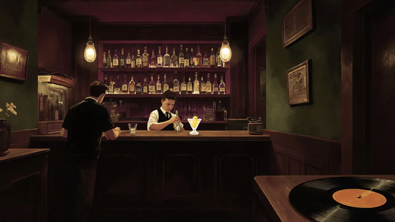 Intimate bar interior in Brera where a bartender prepares a cocktail in soft, moody lighting.