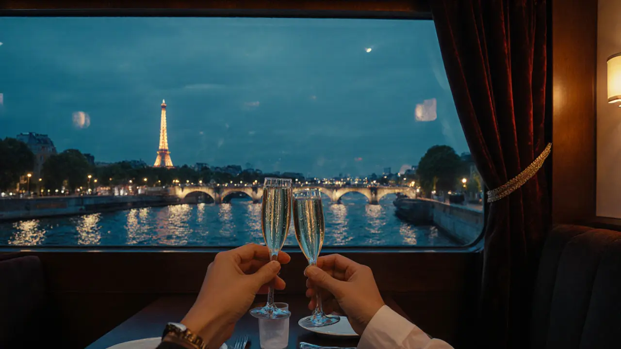 Intimate boat cabin with champagne glass against illuminated Seine bridges.