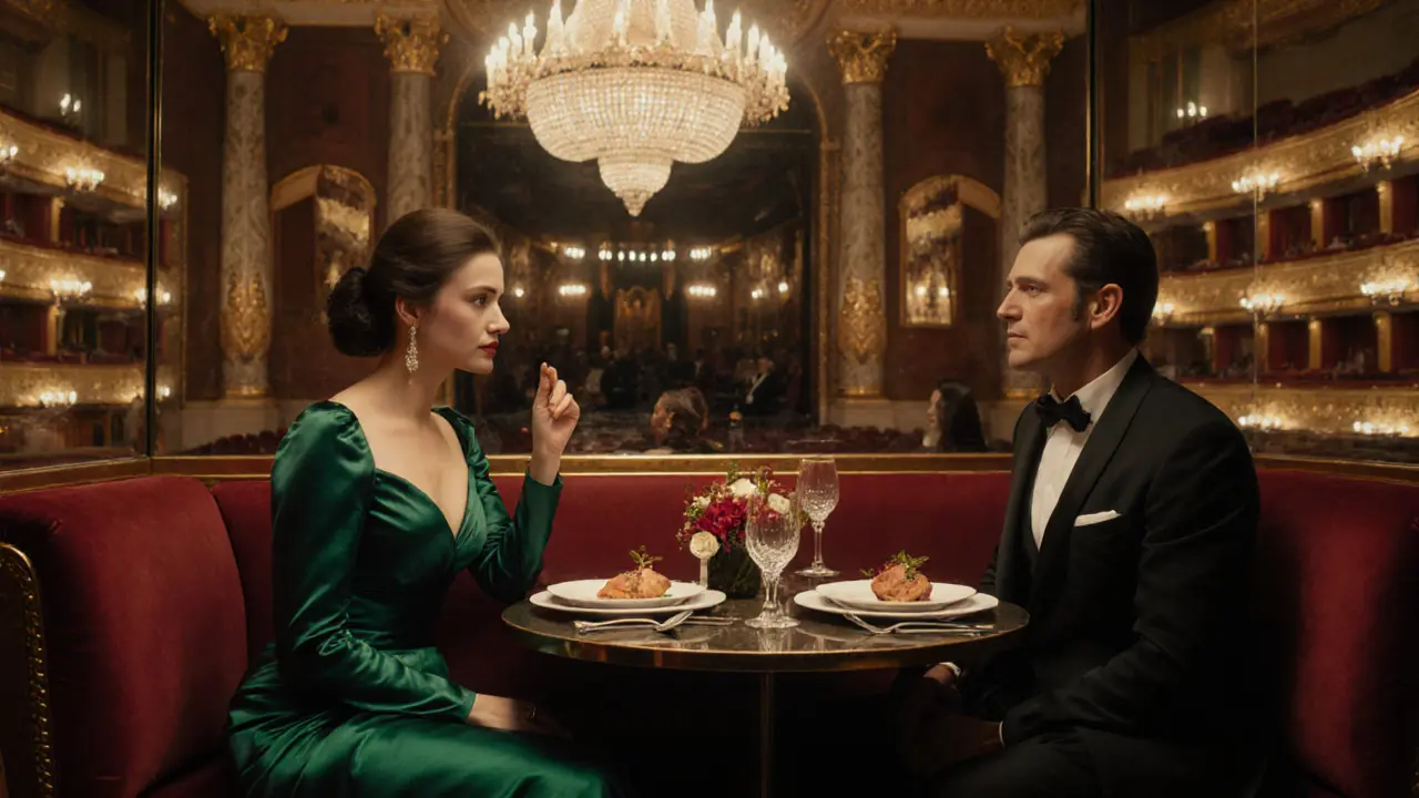 Luxury escort and client enjoying an opera in a private box, surrounded by golden chandeliers.