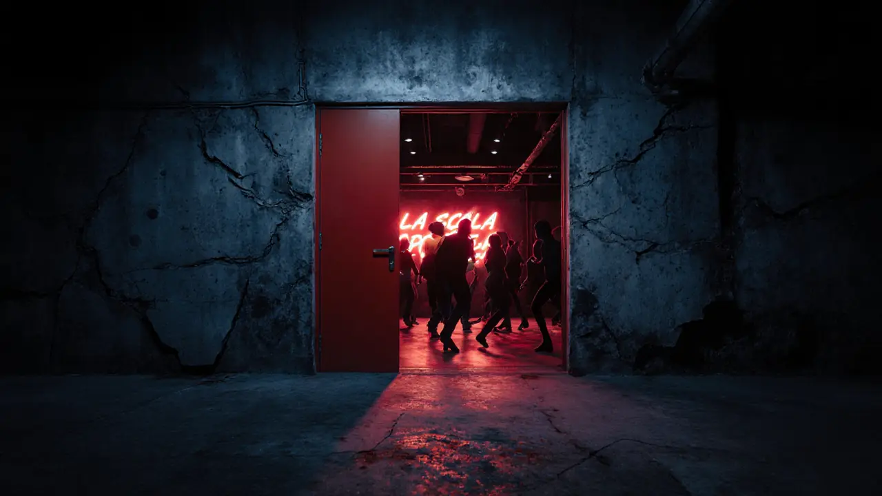 Mysterious underground club in Milan with a red door and pulsing neon lights from inside.