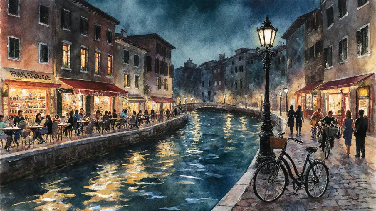 Nighttime watercolor of Navigli canals with lit bars, street musician, and patrons on the promenade.