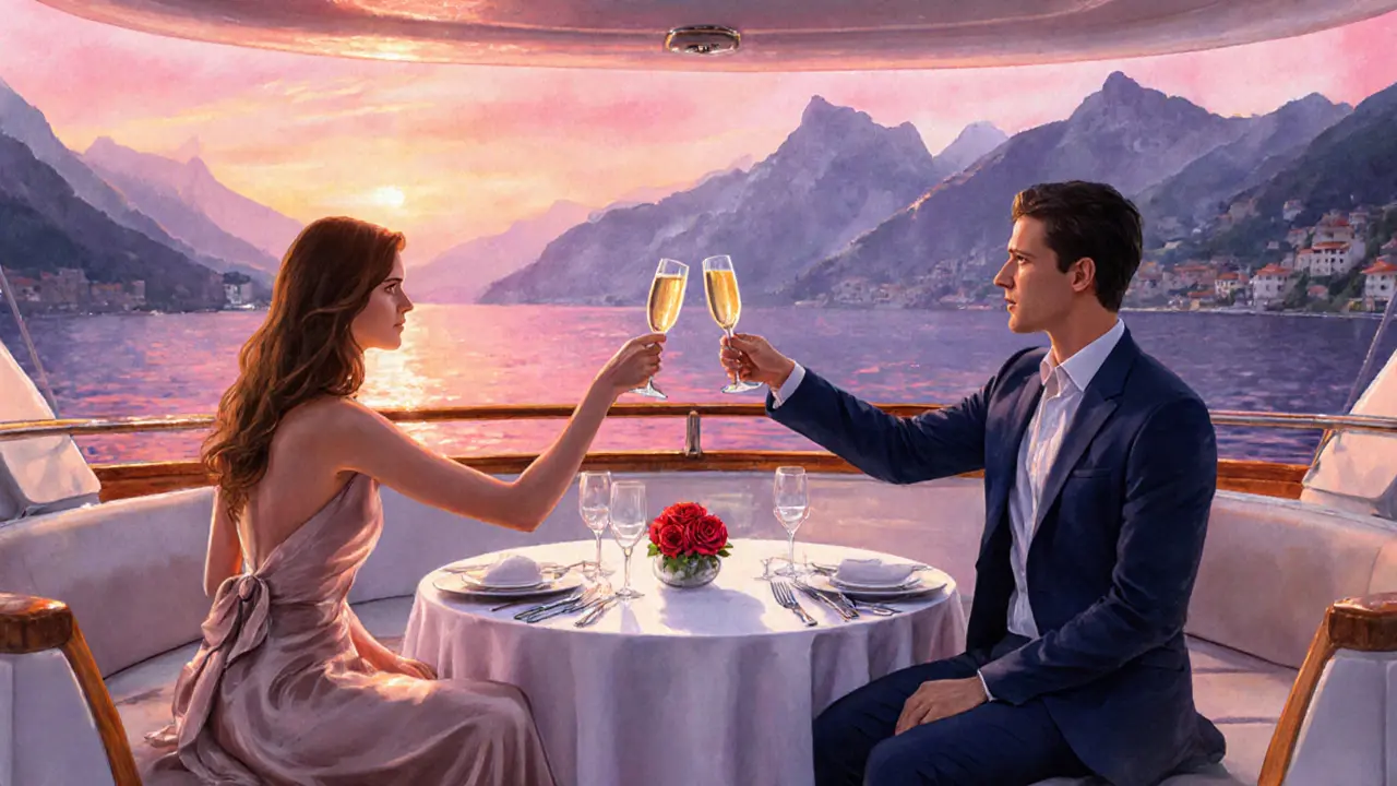 Romantic sunset dinner on a yacht at Lake Como with a couple toasting, reflecting luxury companionship.
