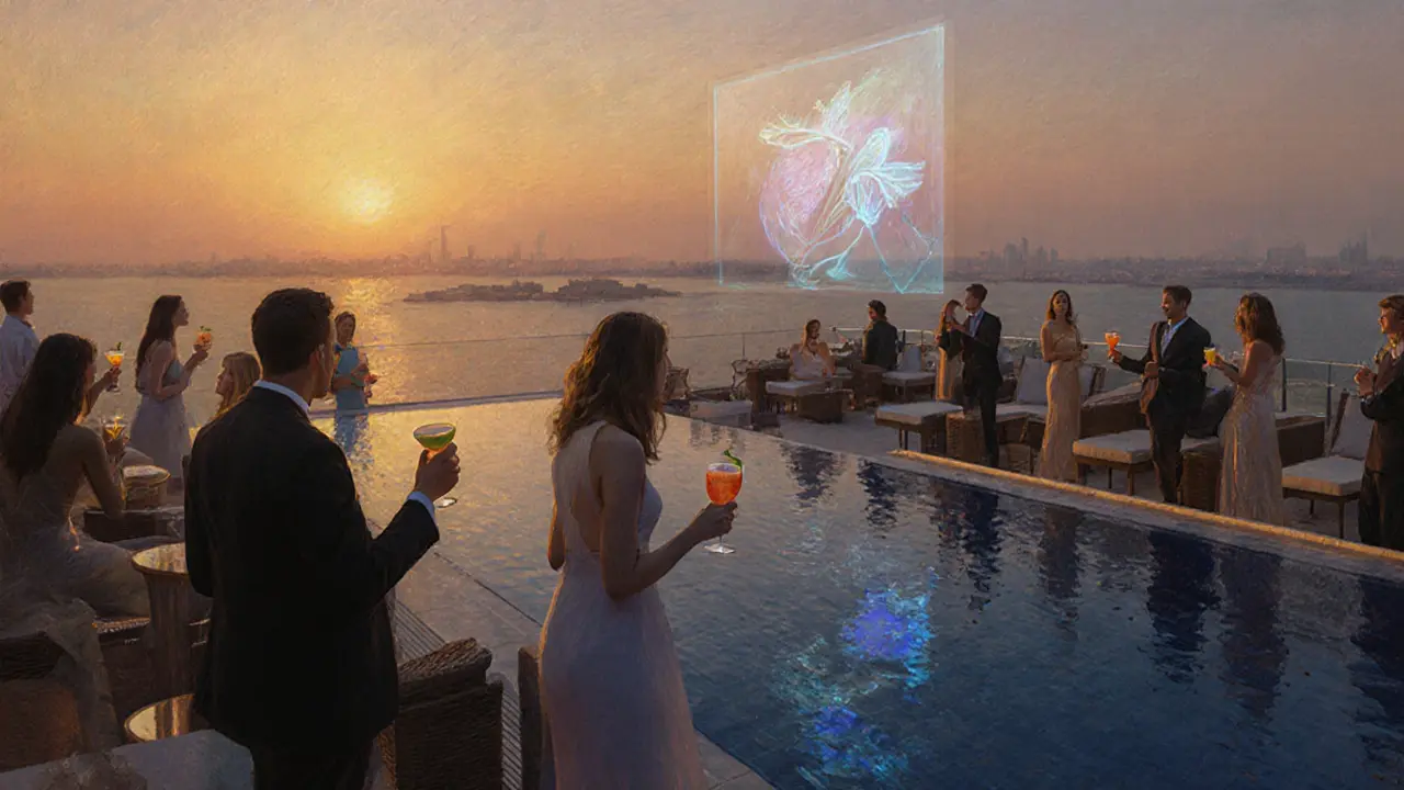 Rooftop bar The Penthouse at sunset with patrons and futuristic lighting.