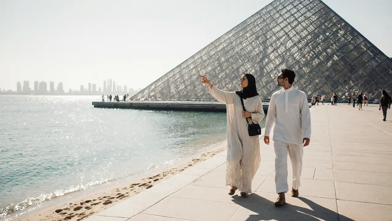 Traveler and escort touring Saadiyat Island with beach and museum backdrop.