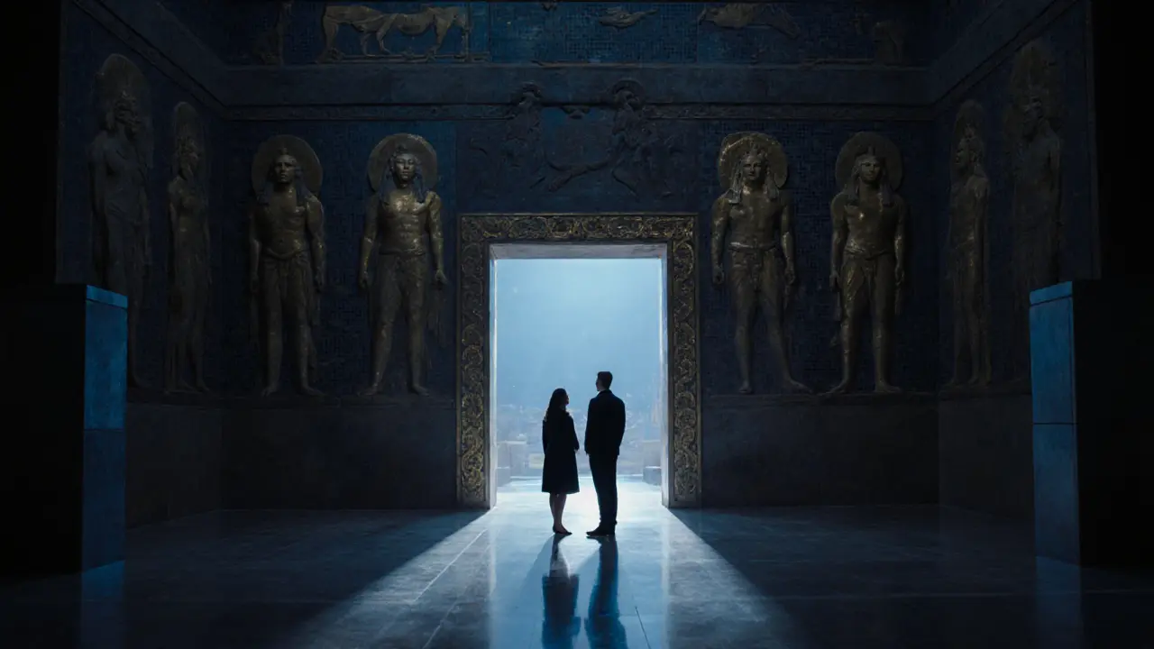 Two figures standing before the Ishtar Gate in the Pergamon Museum after hours, illuminated by spotlight.
