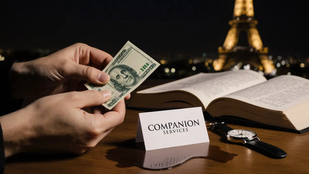 Two hands exchanging a bill and business card on a wooden table with a coffee cup nearby.