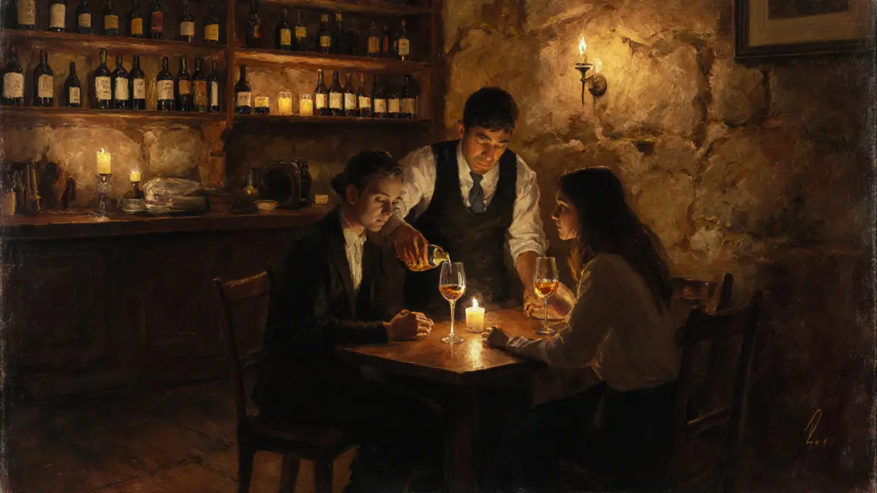 Two people share a quiet wine tasting in a cozy Montmartre bar, candlelight illuminating bottles and wooden tables.
