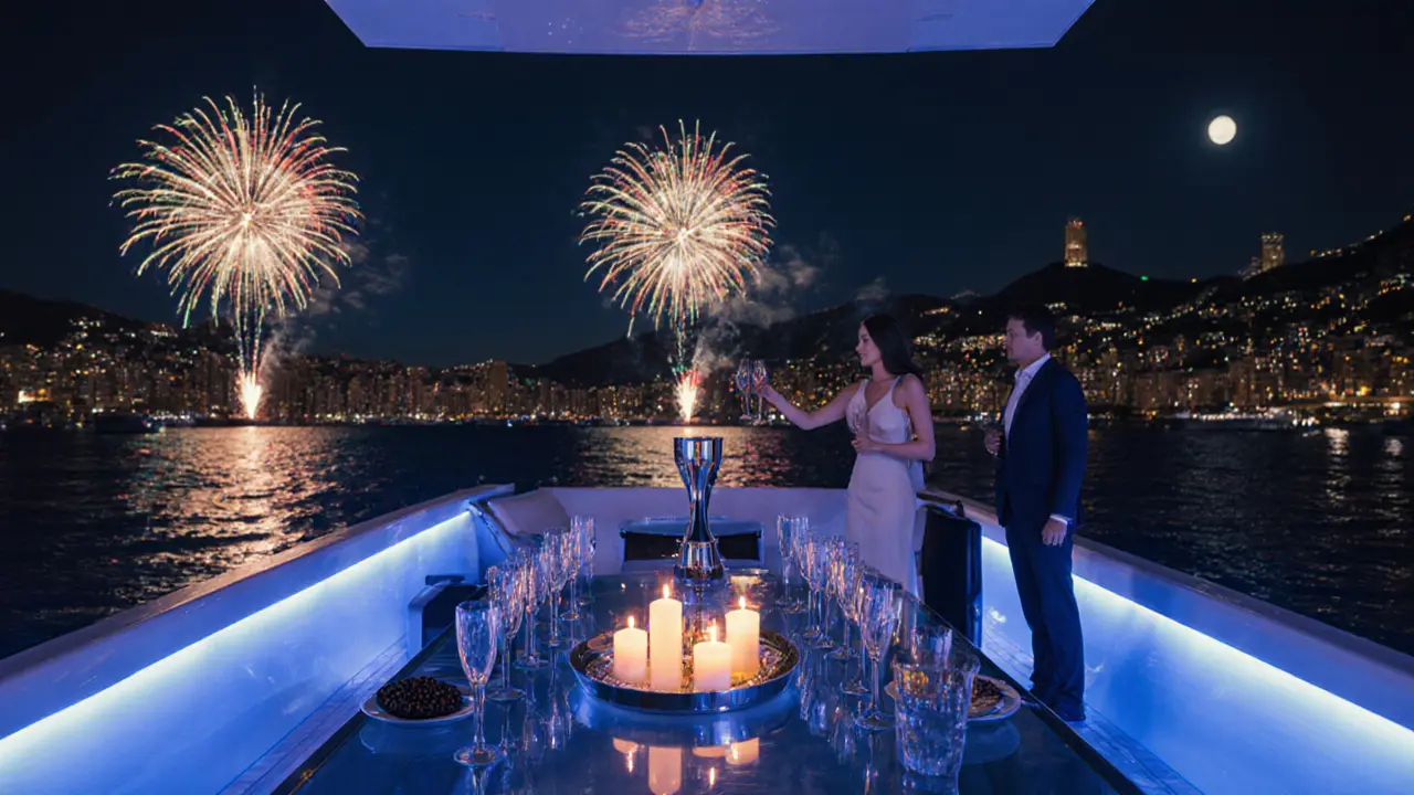 VIP floating penthouse suite on a yacht with champagne, candles, and fireworks over the Monaco harbor.