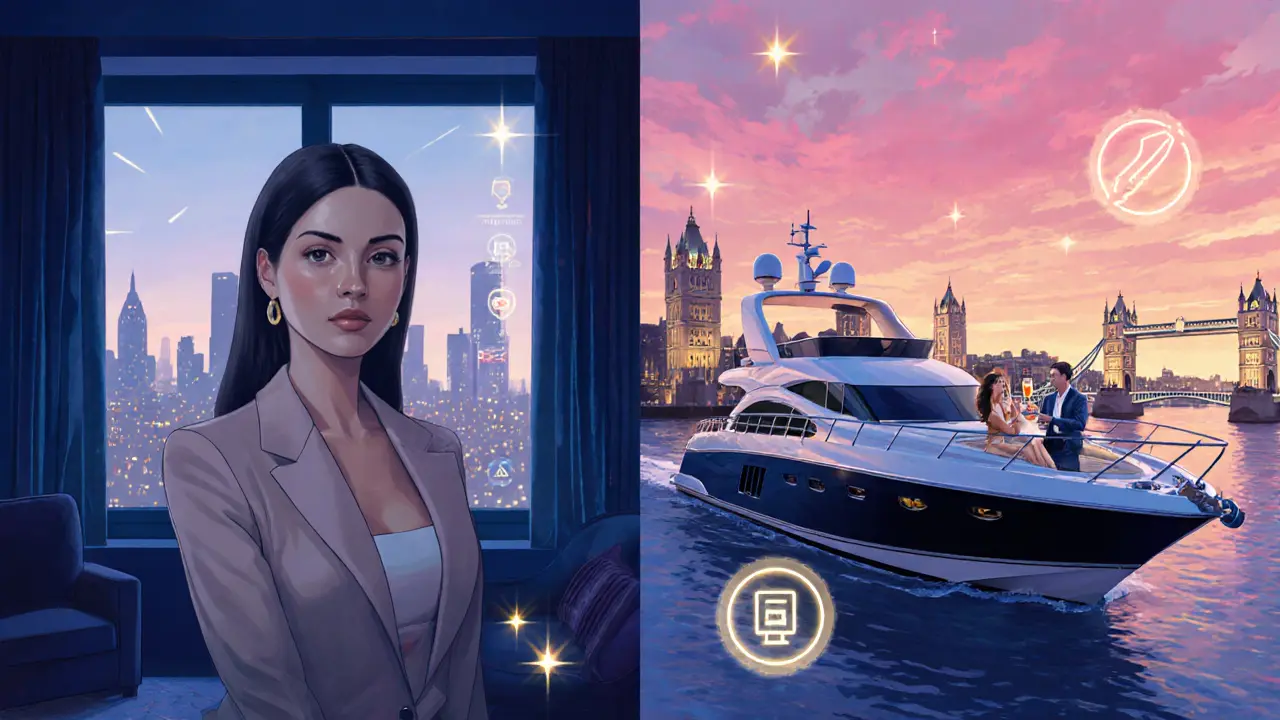 Virtual video call and yacht scene illustrating modern escort trends.