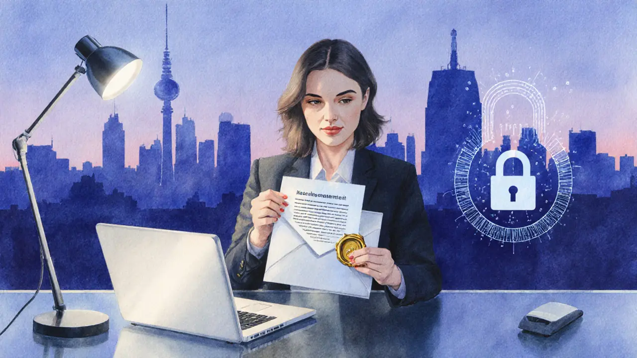 Watercolor illustration of an escort holding a sealed envelope, symbolizing safety and discretion.