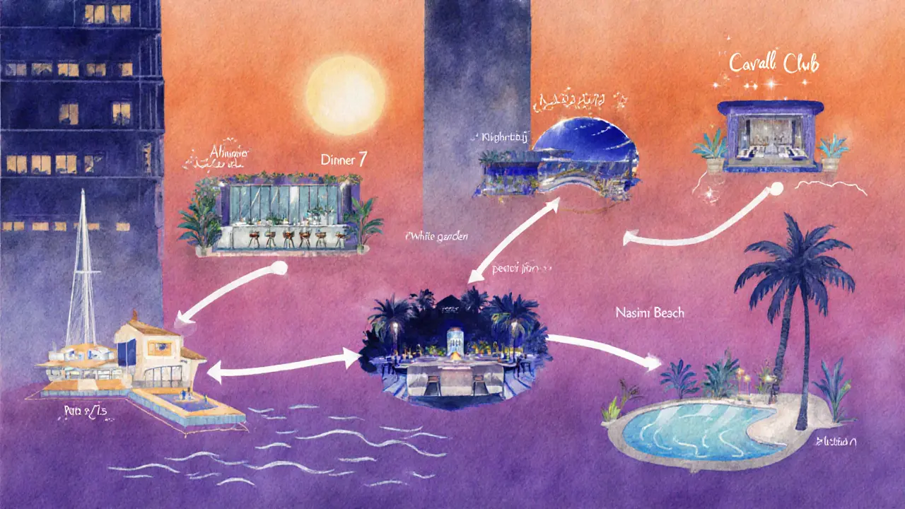 Watercolor map showing a night-to-dawn route through six Dubai nightlife venues.