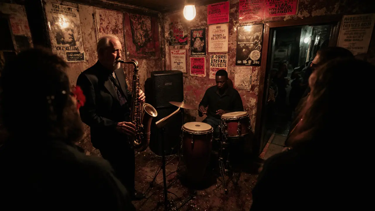 A basement jazz club where an elderly man and a young musician play together, surrounded by a small crowd in dim red light.