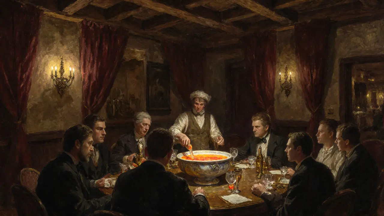 A candlelit historic cellar where people share a vintage punch bowl in warm, intimate lighting.