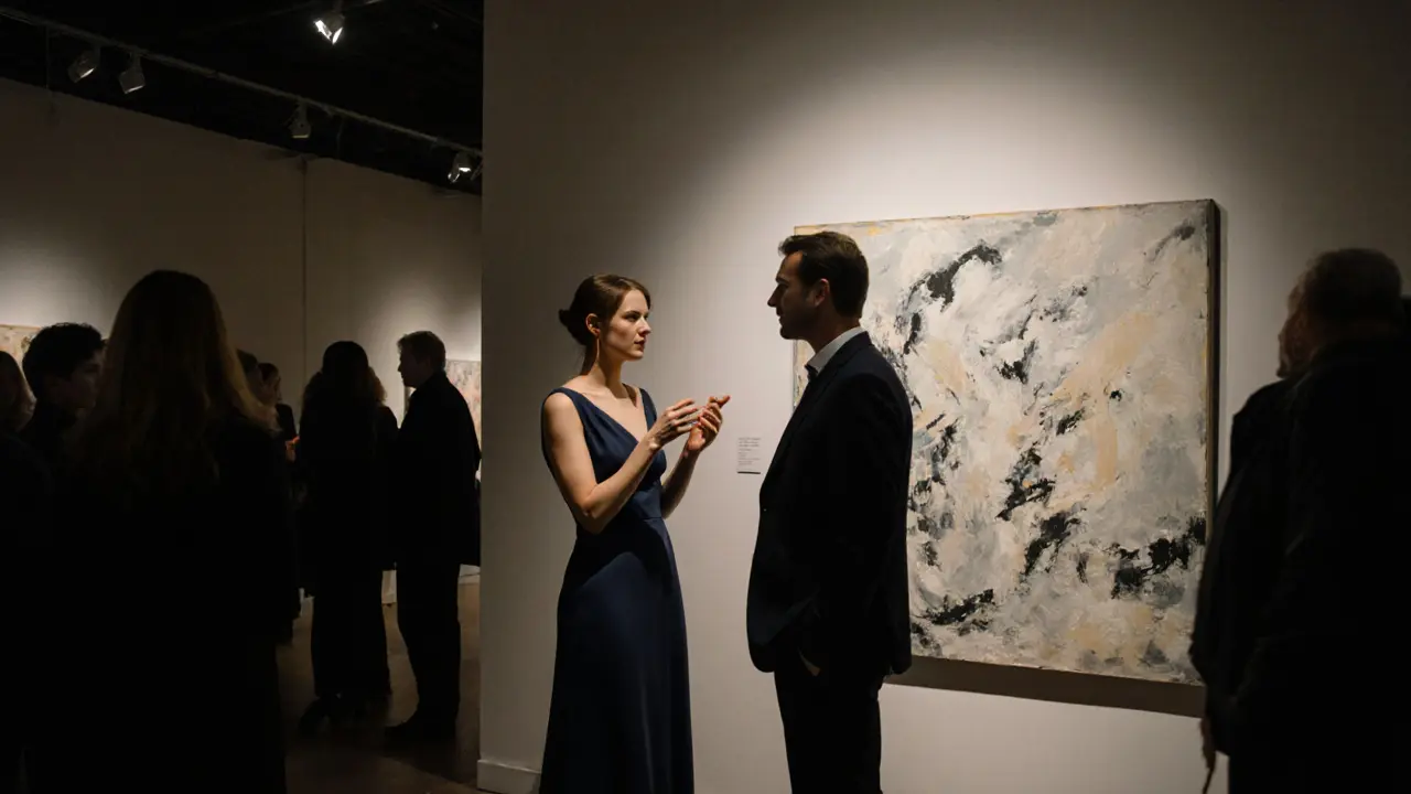 A couple engages in quiet conversation at a Berlin art gallery opening, lost in their moment amid subtle surroundings.