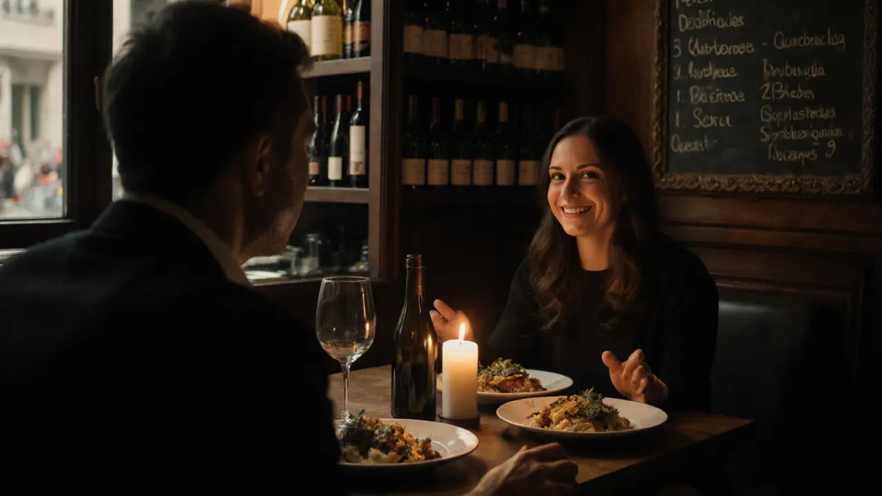A couple shares a quiet dinner in a Parisian bistro, candlelight glowing between them.