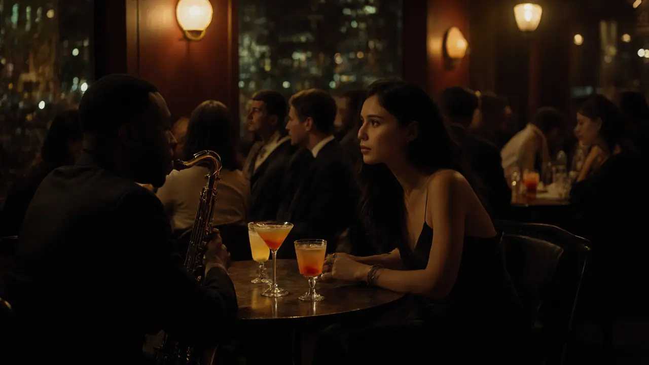 A couple sharing a quiet moment in a dimly lit Soho jazz bar, surrounded by ambient nightlife.