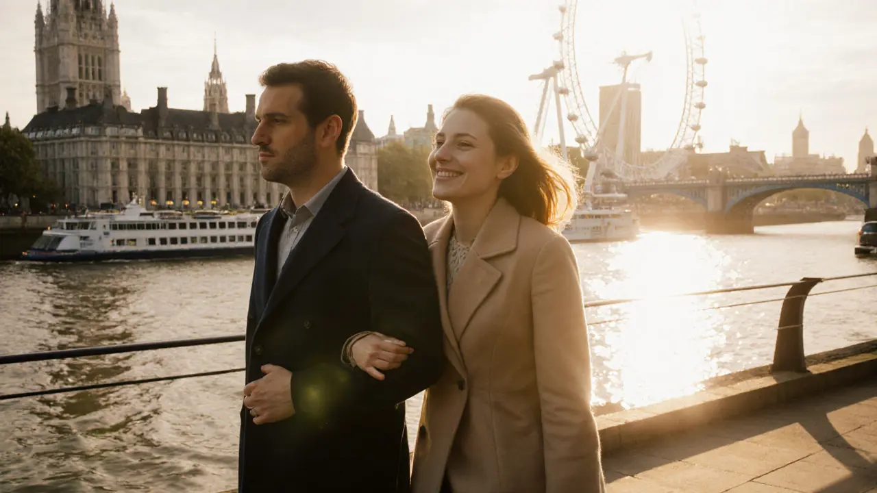 A couple walking along the Thames at sunset, enjoying the view of the London Eye in the distance.