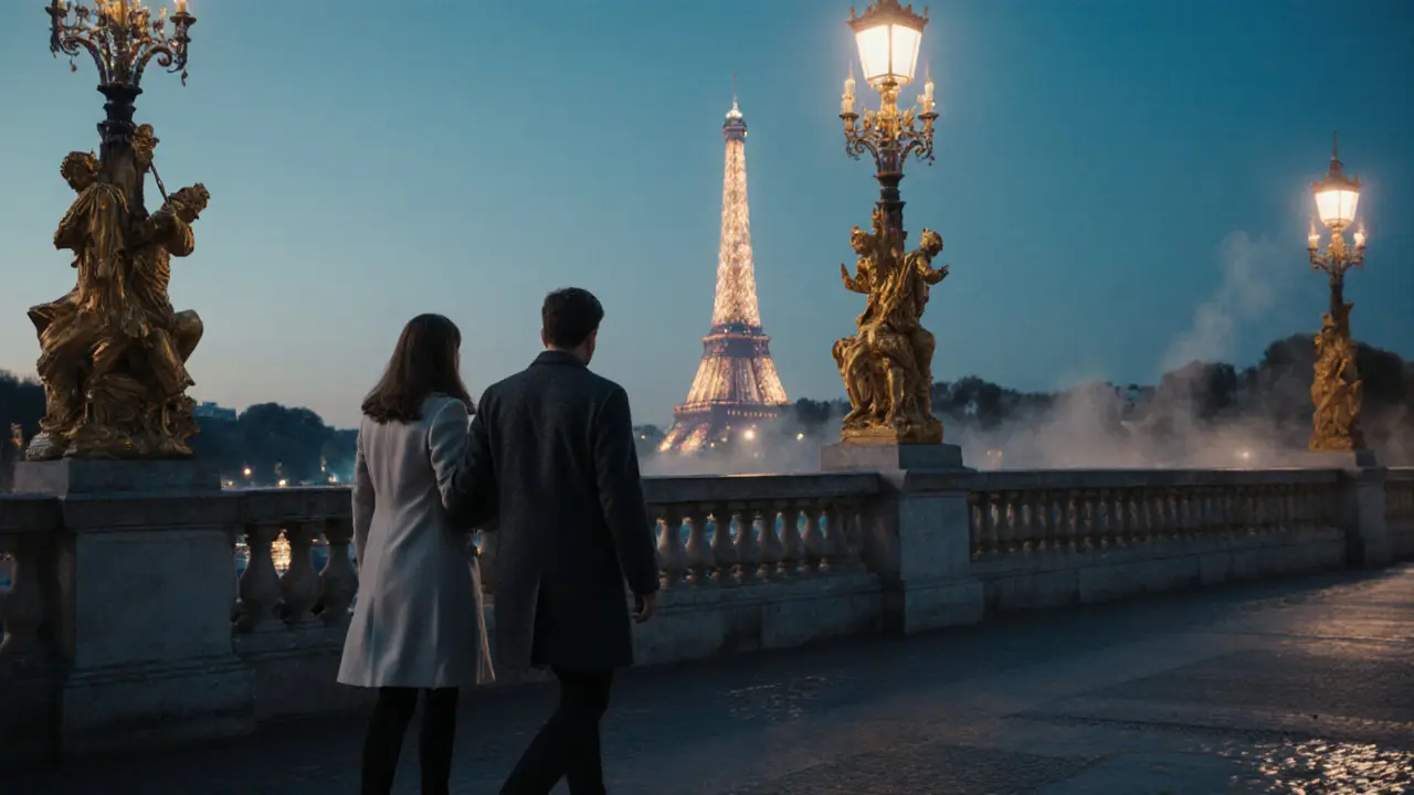 A couple walking hand-in-hand across Pont Alexandre III at dusk, Eiffel Tower glowing in the distance.