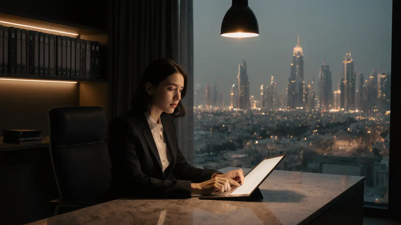 A discreet agency office with encrypted devices and unmarked files, illuminated by warm light in a minimalist penthouse.