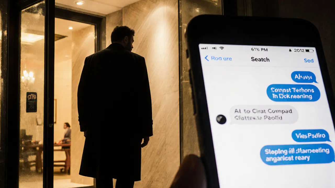 A figure walking away from a hotel at night, smartphone showing encrypted messaging, representing privacy and caution.