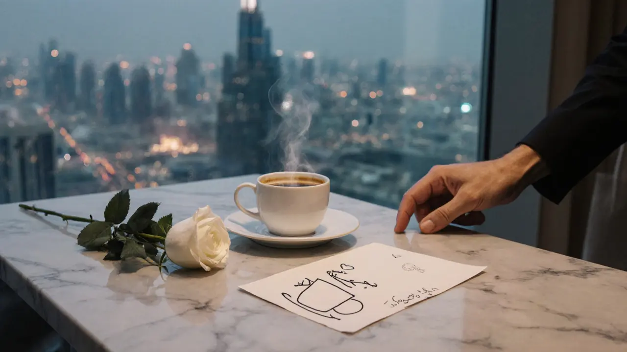 A handwritten note and white rose on marble table beside Arabic coffee, symbolizing thoughtful gesture without words.