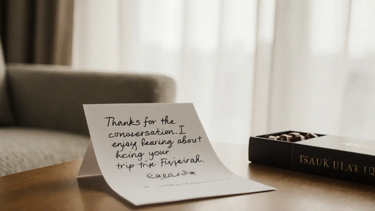 A handwritten note on a wooden table beside a book and chocolates, symbolizing thoughtful appreciation in a minimalist setting.
