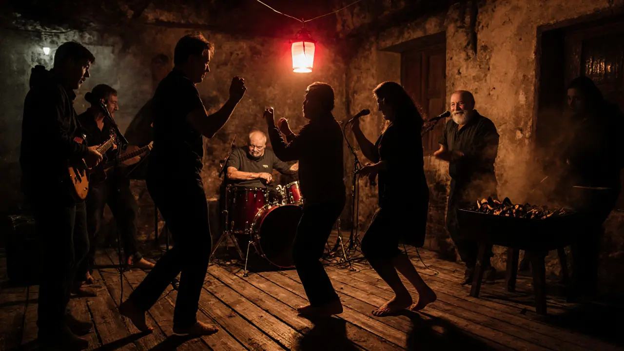 A hidden courtyard in Kadıköy where people dance barefoot under a red lantern at night.