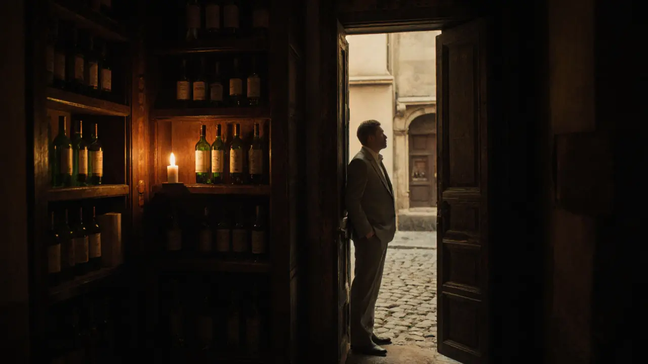 A hidden wine bar behind a bookshelf in Monaco's old town, lit by a single candle.